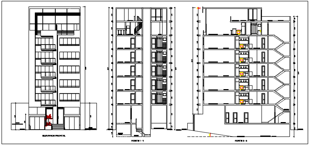 High rise building elevation and section plan detail dwg file