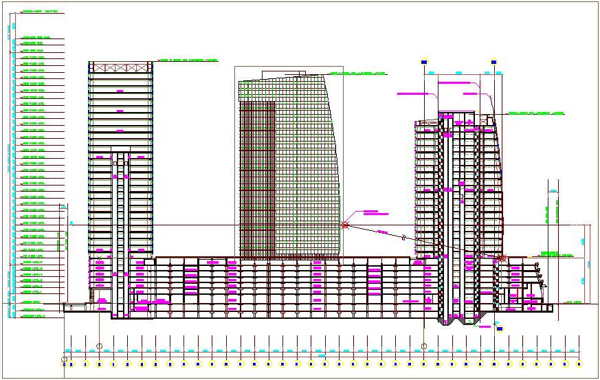 High rise building elevation design view with floor level dwg file
