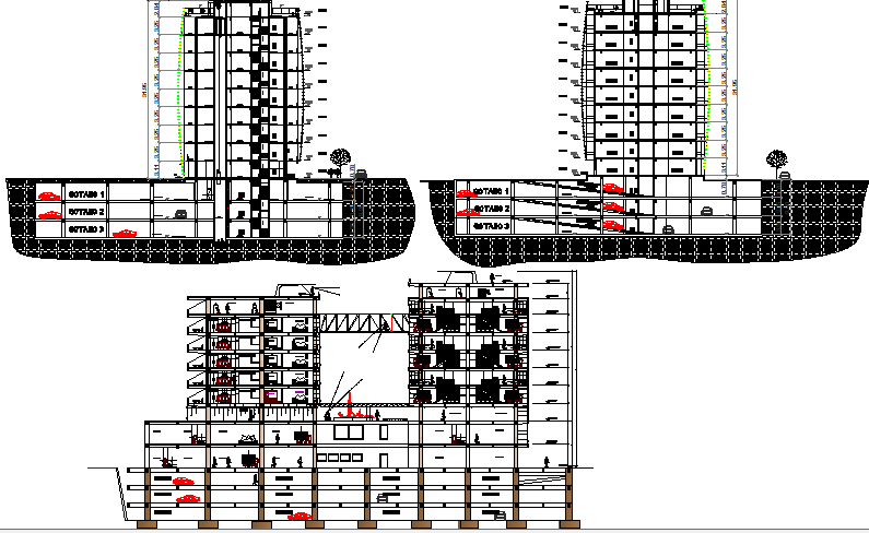 High rise corporate building elevation and sectional details dwg file