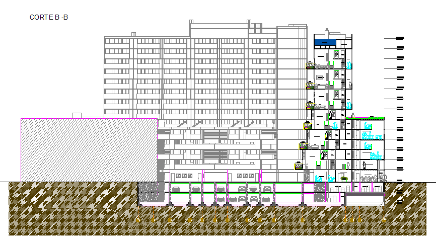 High rise corporate building elevation and sectional view dwg file