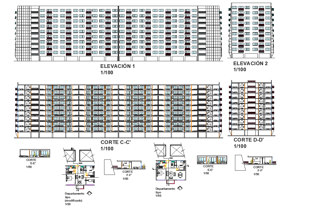 High rise elevation and section detail dwg file