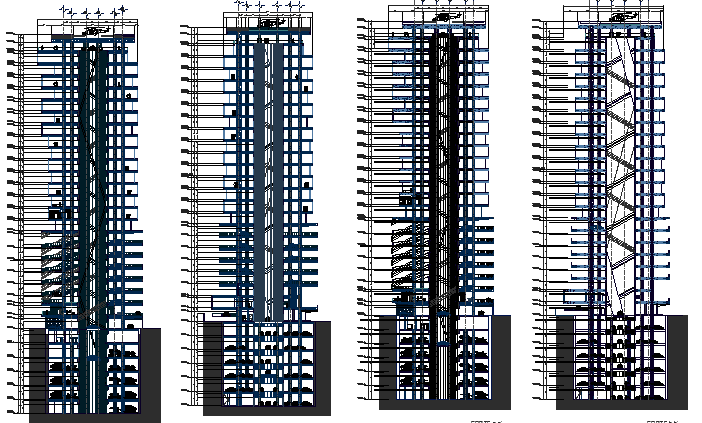 High rise multi-functional building all sided elevation dwg file