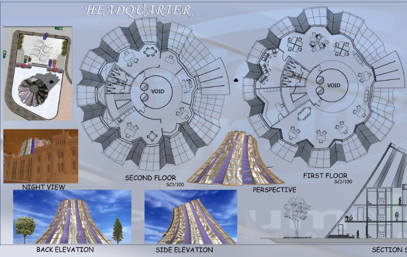 High rise multi-story corporate office building auto-cad details dwg file