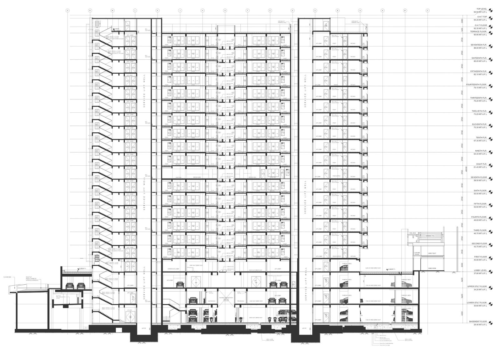 High rise Apartment with basement parking detailed elevation DWG AutoCAD drawing 