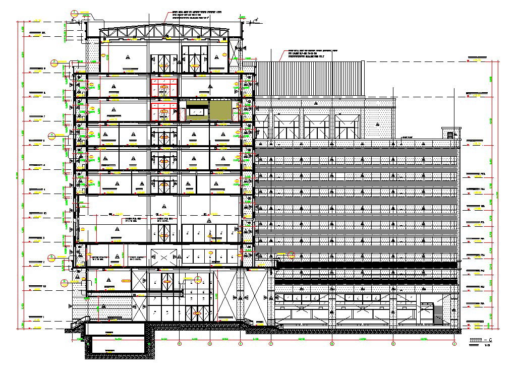 High rise industrial building side view section details are given in this Architectural DWG CAD Drawing. Download the AutoCAD file now.
