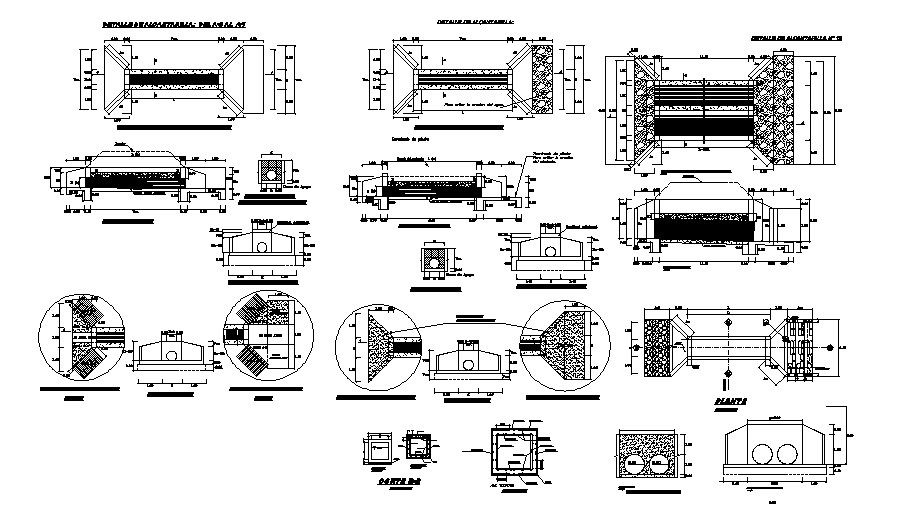 Highway bridge elevation, section and constructive details dwg file