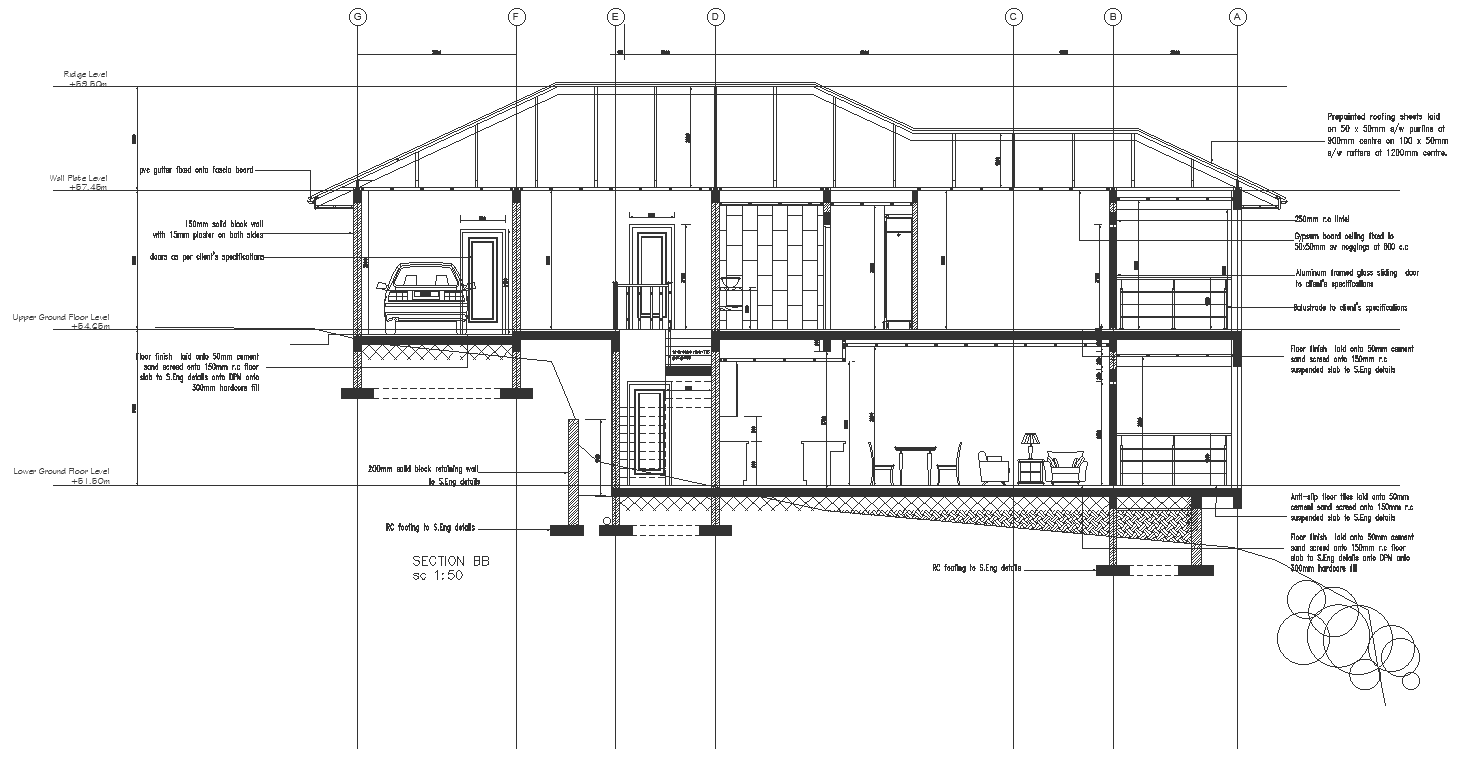 Holiday home section details on terrain area dwg autocad drawing .
