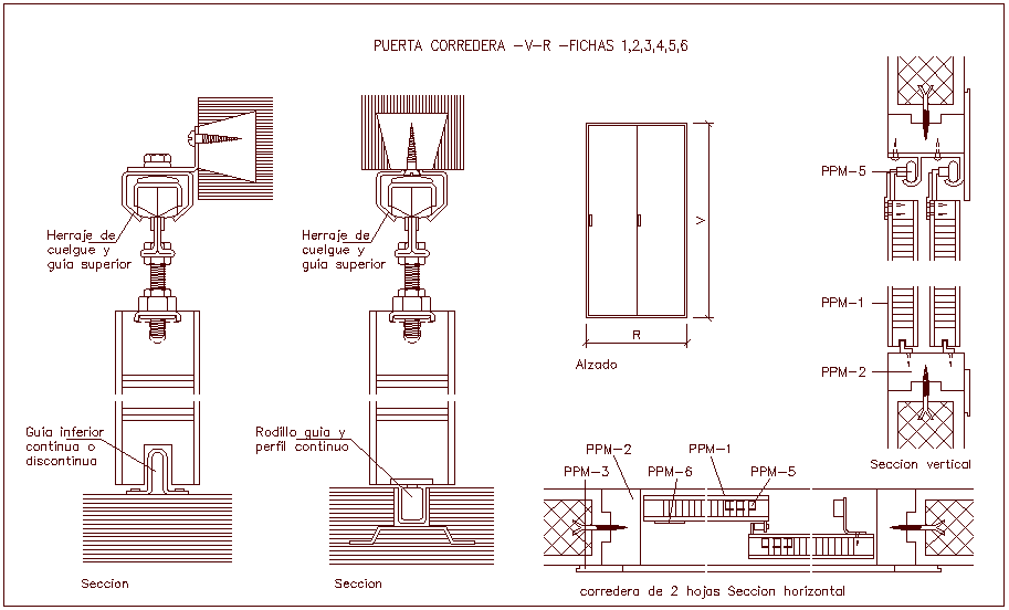 Horizontal and vertical section view of sliding door design dwg file