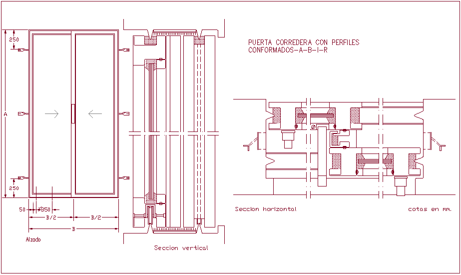 Horizontal and vertical section view of sliding door dwg file