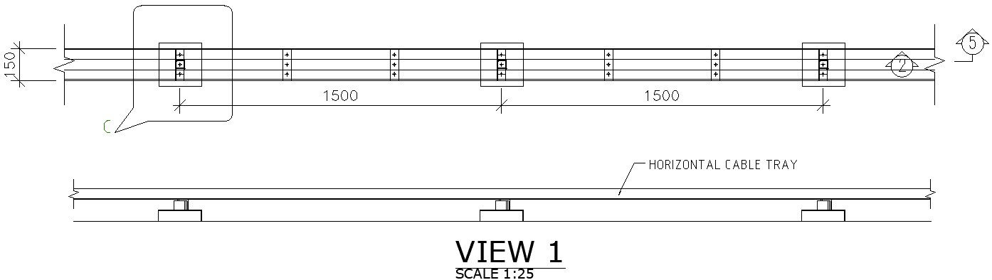 Horizontal cable tray view 1 in AutoCAD, dwg file.