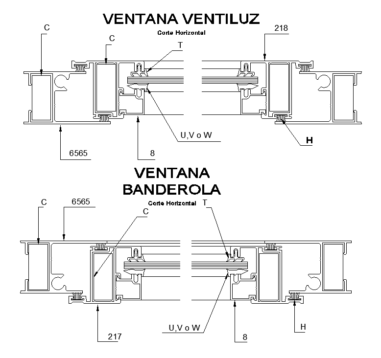 Horizontal cut section of the Banner window detailed CAD drawing file. Download now.