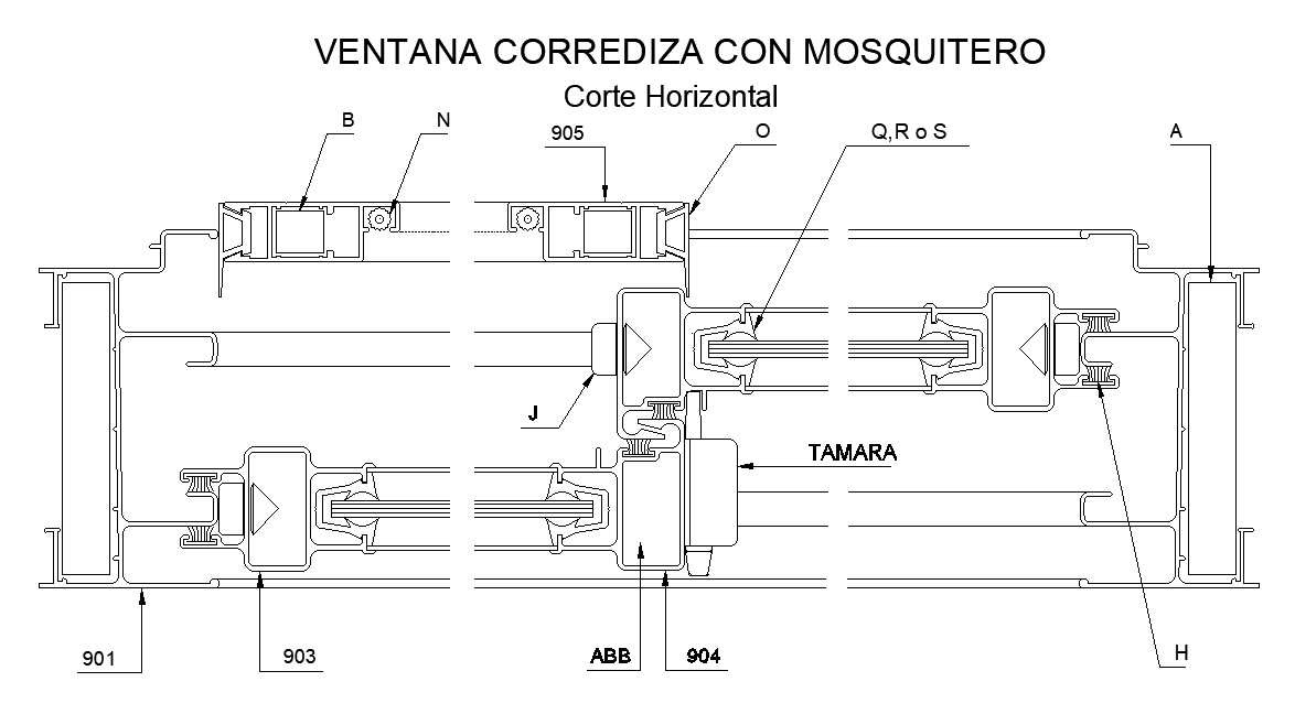 Horizontal cut section of the Sliding window with mosquito net detailed CAD drawing. Download now.