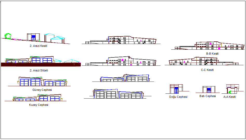 Hospital building elevation and different axis section view for dwg file