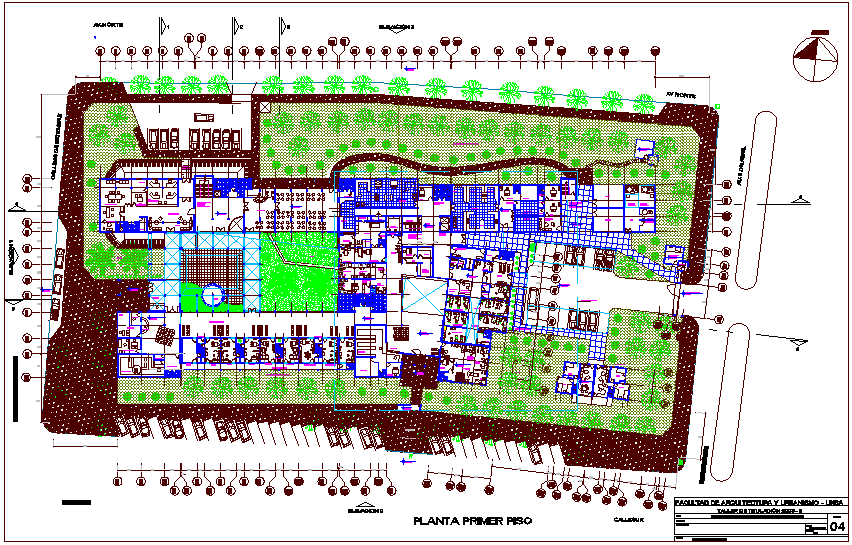 Hospital first floor plan with garden view dwg file