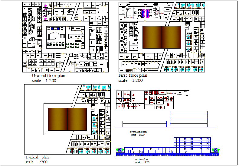 Hospital floor plan view with basement plan and elevation view dwg file