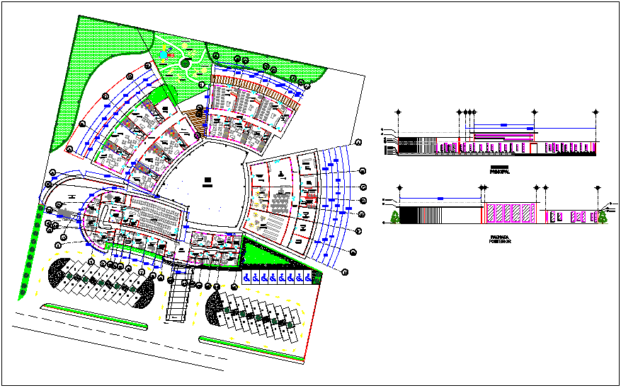 Hospital landscape view design, main entrance elevation dwg file