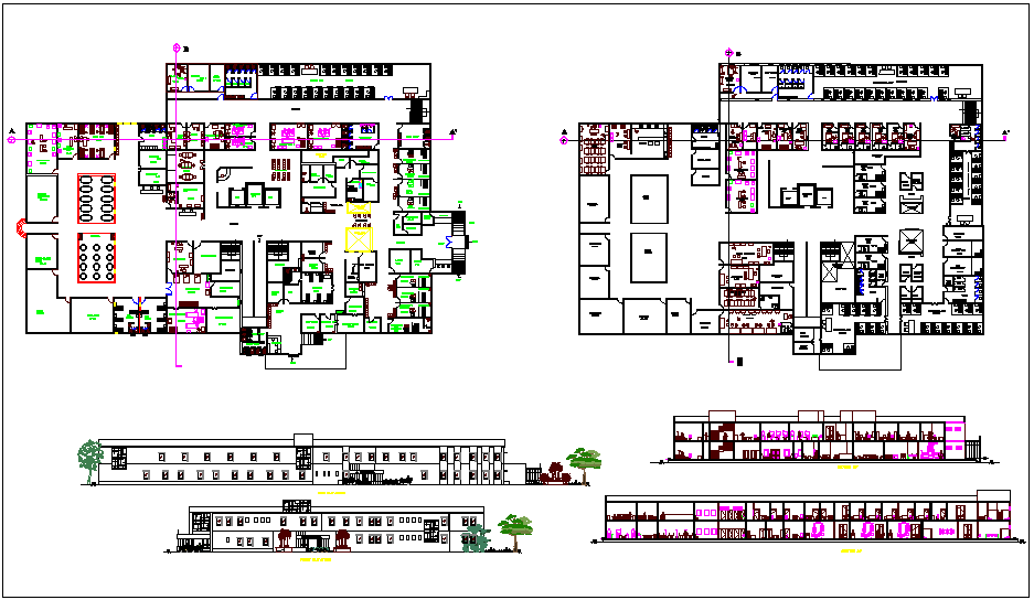 Hospital plan,elevation and section view with bed view dwg file