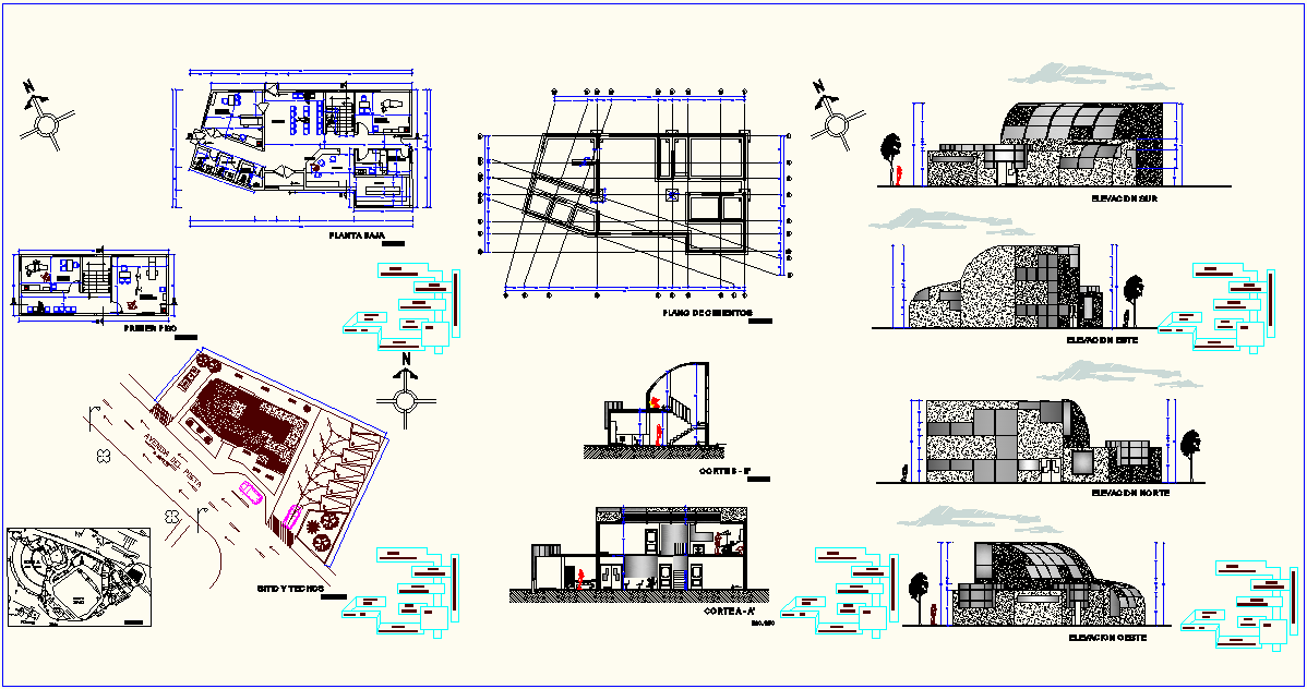 Hospital plan,elevation and section view with foundation plan dwg file
