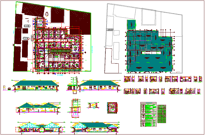 Hospital plan,elevation and sectional view with detail dwg file