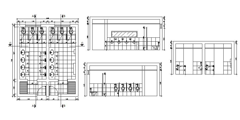 Hospital sanitary facilities section, plan and installation details dwg file