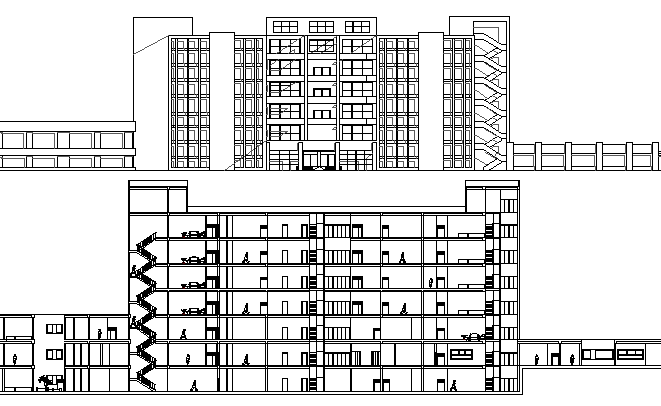 Hospital with 260 bed main elevation and section view dwg file
