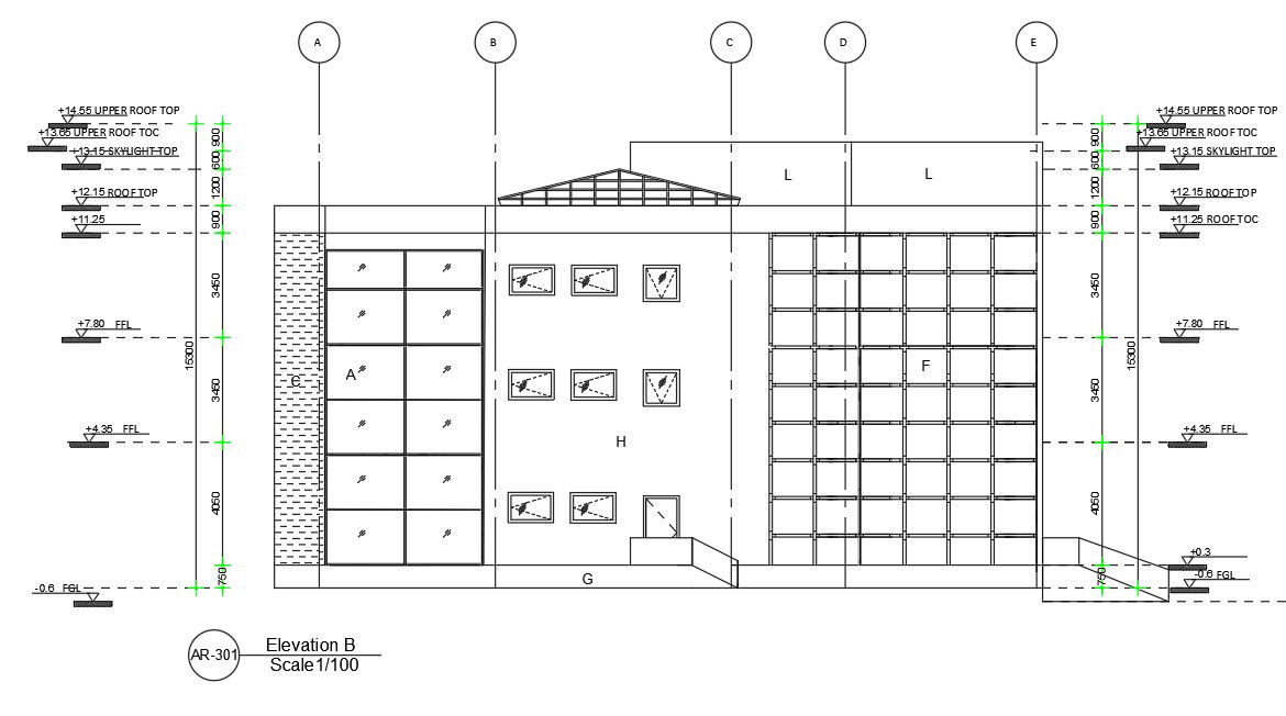 Hospital Building Side Elevation Design with Center Line Drawing DWG file