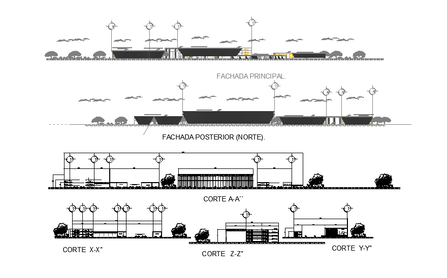 Hospital front elevation detail drawing describes in this AutoCAD file. Download this 2d drawing file.