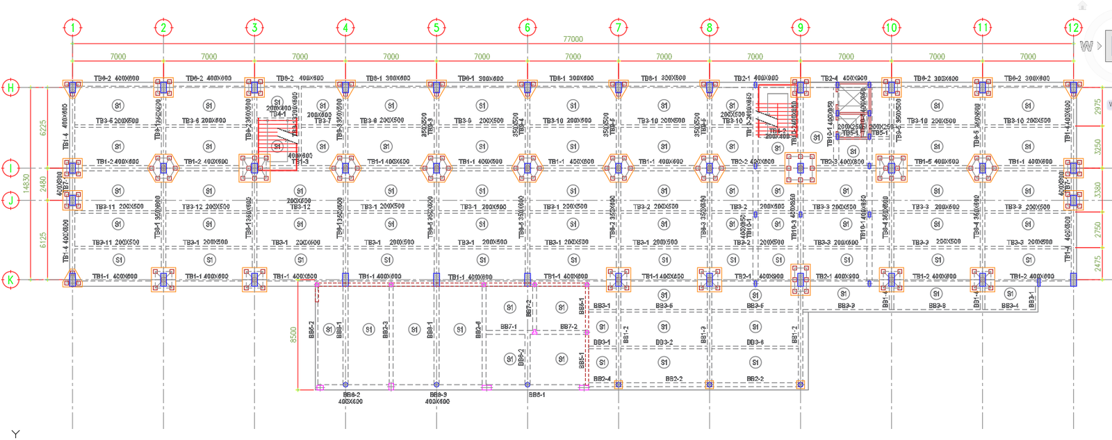 Hostel Building Plan CAD File with Detailed Beam and Column Information