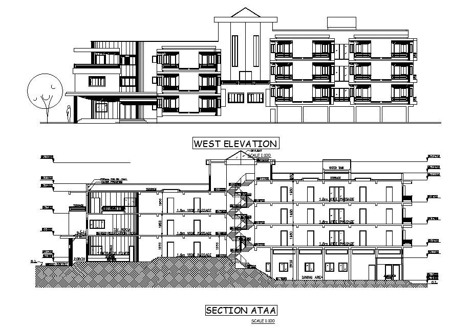 Hostel Building Sectional Elevation Design AutoCAD Drawing DWG File