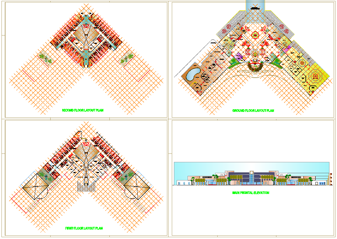 Hotel Layout plan and Elevation Design dwg file