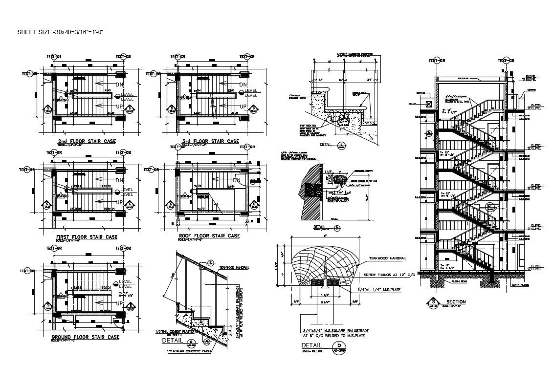 Hotel blocks details of staircase sections and structure of all floors dwg file
