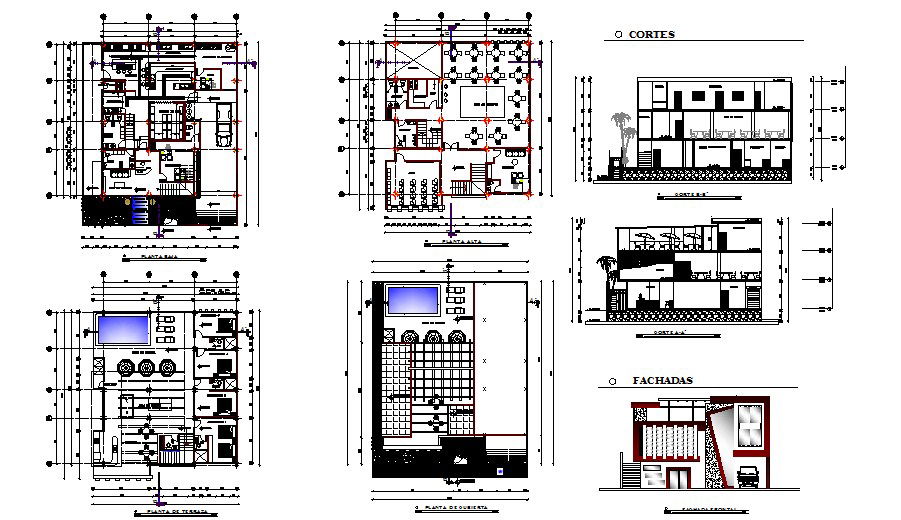 Hotel building elevation, section and floor plan details dwg file