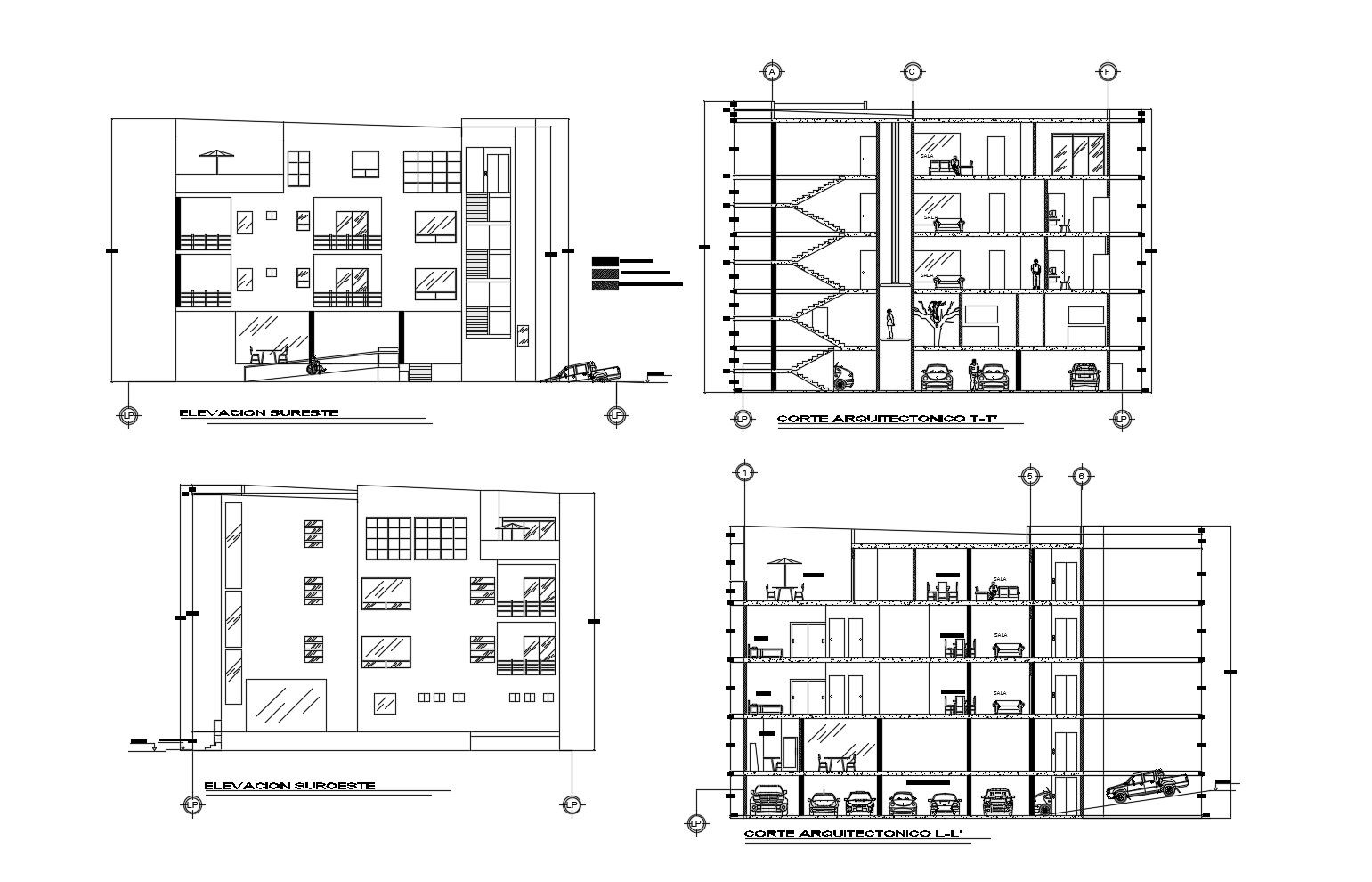 Hotel building with different section and elevation in dwg file