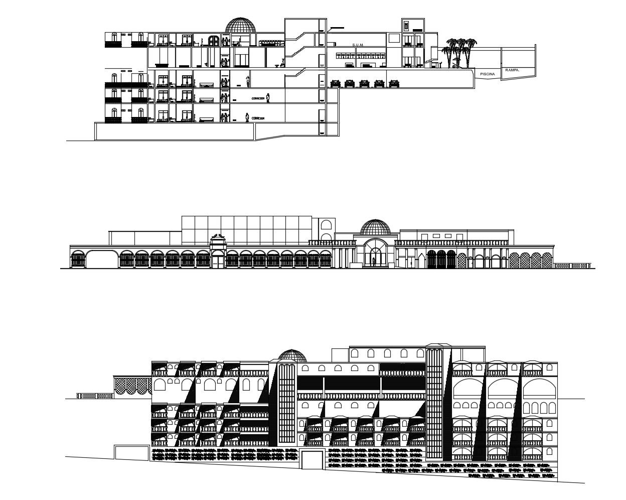 Hotel building with elevation and section in dwg file