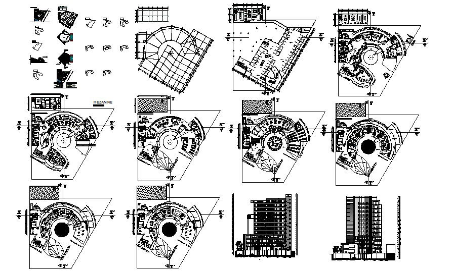 Hotel building with elevations in AutoCAD