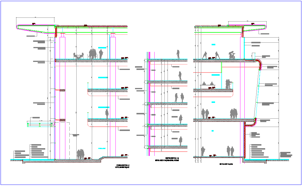 Hotel different axis section view with architectural view dwg file