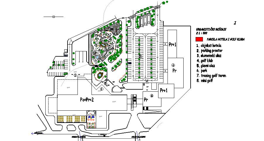 Hotel outdoor facilities and garden landscaping details dwg file