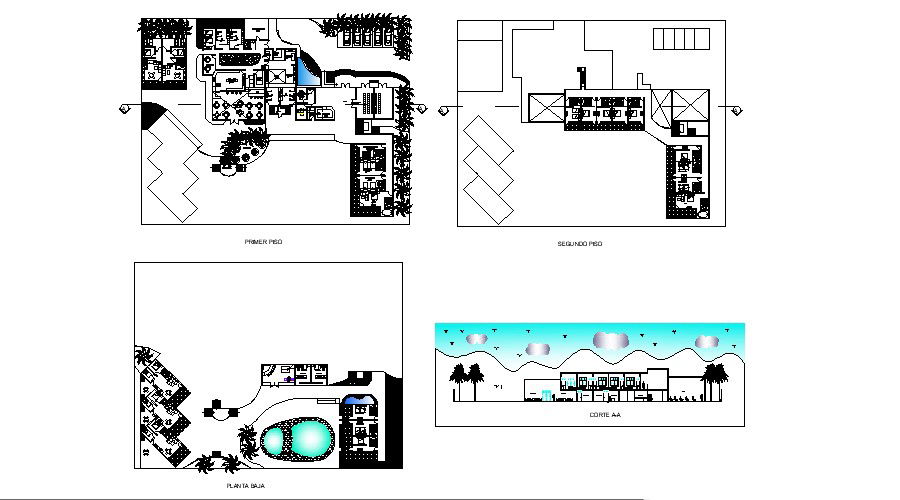 Hotel plan with different sections in dwg file