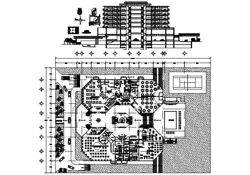 Hotel plan with interior design in AutoCAD