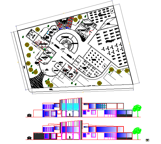 Hotel with gym and spa elevation, landscaping with structure details dwg file