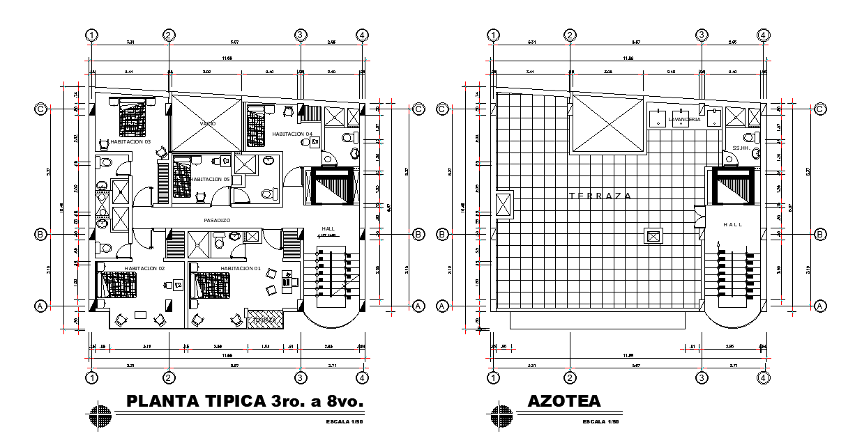 Hotel Bedrooms Floor Plan With Terrace View CAD Drawing DWG File