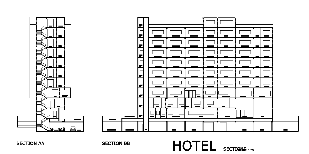 Hotel Building Front And Side Section AutoCAD Drawing DWG File