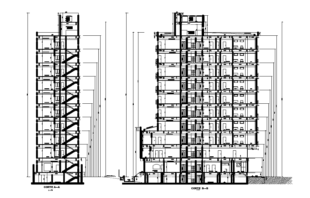 Hotel Building Front And Side Section CAD Drawing DWG File