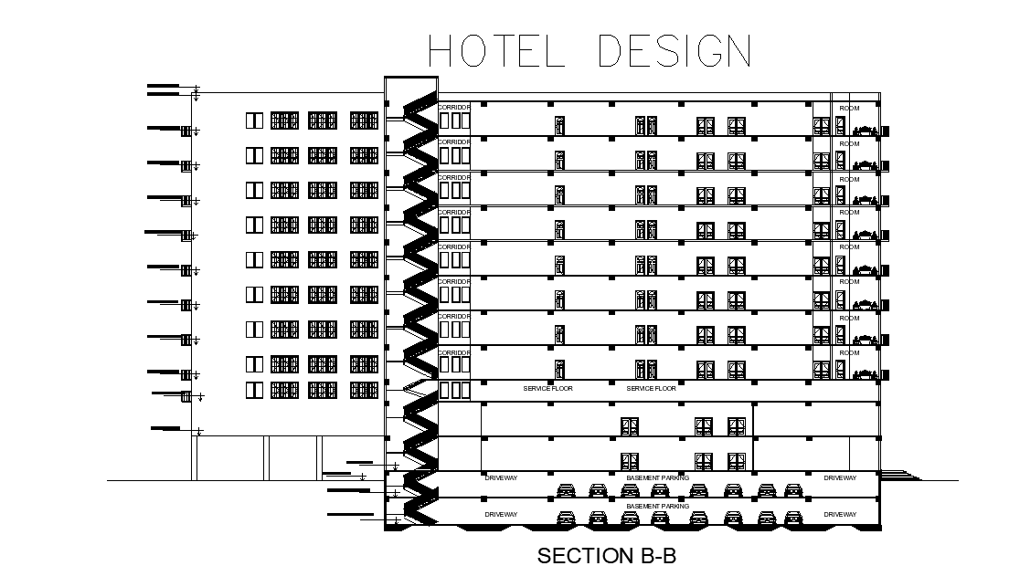 Hotel Building Section CAD Drawing Download DWG File