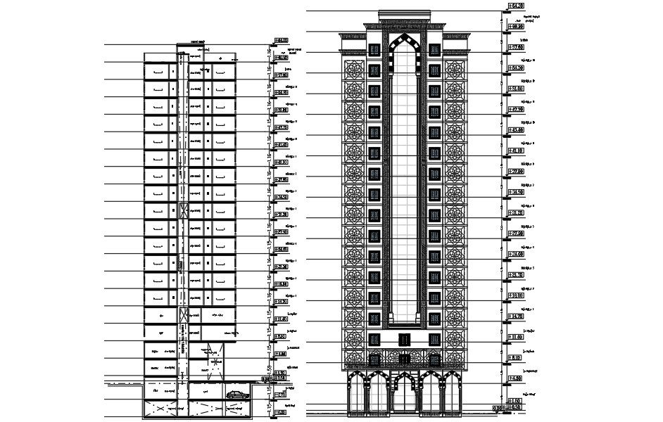 Hotel Building Sectional Elevation Design Download DWG File