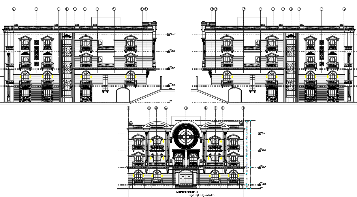Hotel Building Traditional Elevation Design Download DWG File