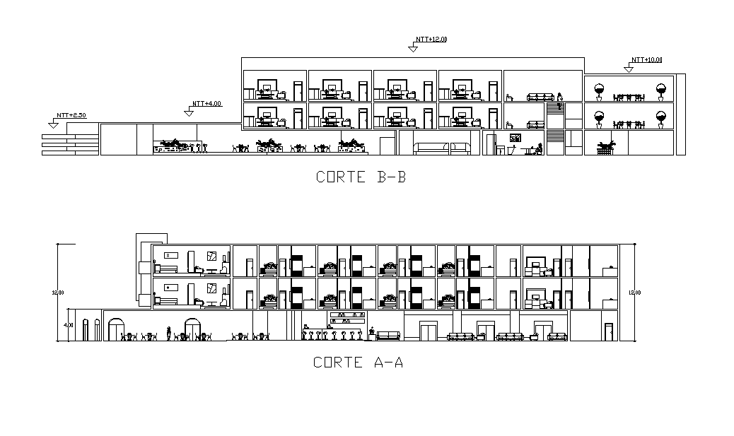 Hotel Restaurant Building Section CAD Drawing Download DWG File