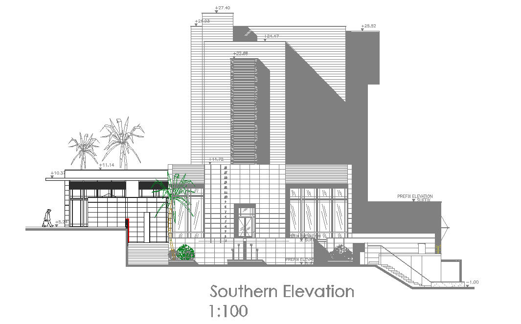 Hotel South Elevation Design AutoCAD Download DWG File