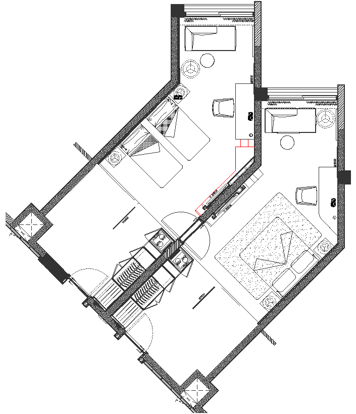 Hotel room design with complicated floor plan dwg autocad drawing .