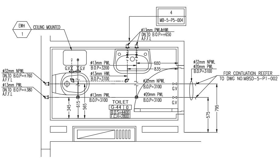 Hot water and cold water pipeline details in toilet.